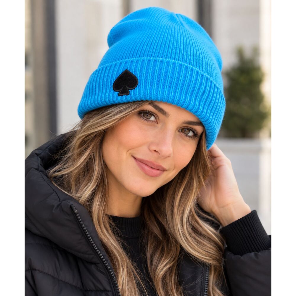 Kate Spade New York Bright Cerulean Spade Logo Beanie One Size NWT